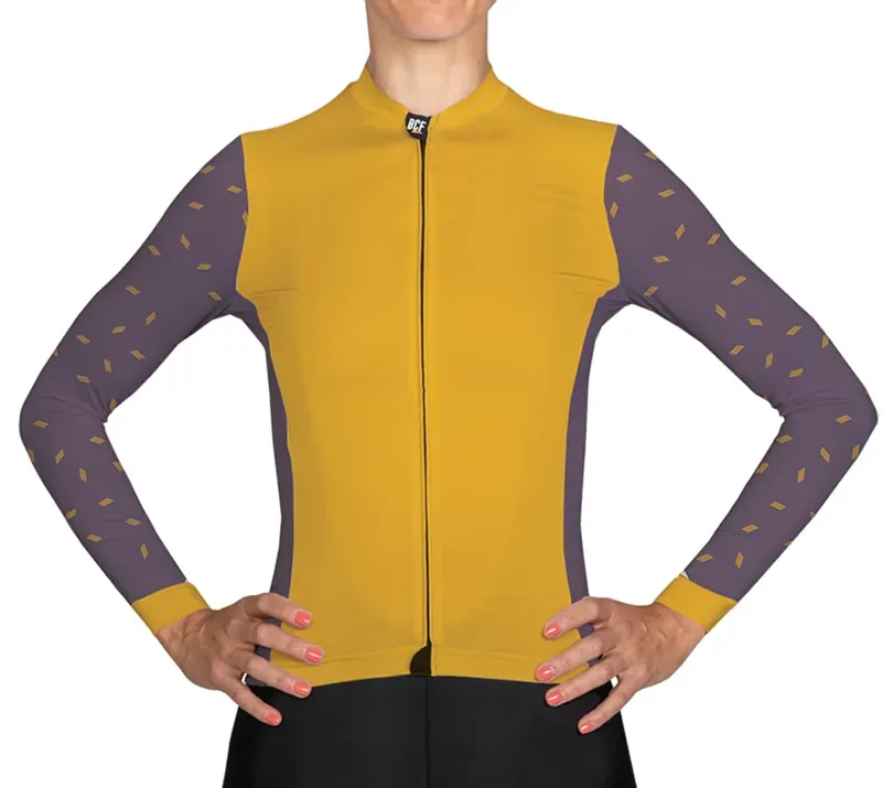 BCF Women's Gravel Long Sleeve Jersey in Mustard/Merlot